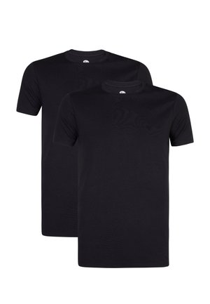 Zwarte katoenen T-shirts met korte mouwen en een ronde hals. Gladde textuur, twee shirts weergegeven, zonder zichtbare patronen of accenten.