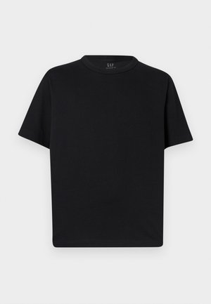Schwarzes, kurzärmeliges T-Shirt mit Rundhalsausschnitt und klassischer Passform, flach auf hellem Hintergrund präsentiert.