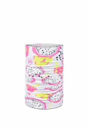 Colorful multifunctional tube scarf with pink and yellow dragon fruit slice patterns and black seeds on white background.