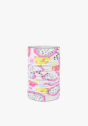 Colorful multifunctional tube scarf with pink and yellow dragon fruit slice patterns and black seeds on white background.