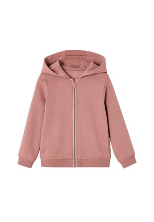 Light pink hooded zip-up sweatshirt with long sleeves and ribbed cuffs and hem, displayed on a white background.