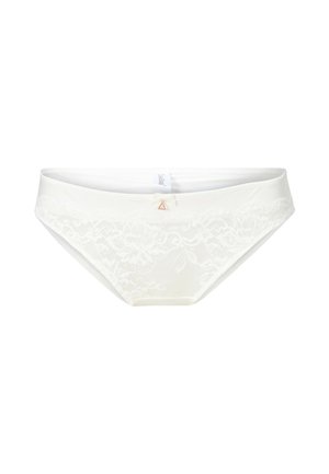 Witte kanten slip met bloemenpatronen, gladde stretchstof en een klein decoratief strikje in het midden vooraan.