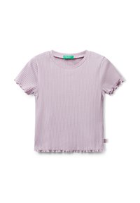 Kurzärmliges, geripptes Lavendel-Crop-Top mit gezacktem Saum und rundem Ausschnitt, gekennzeichnet mit United Colors of Benetton.
