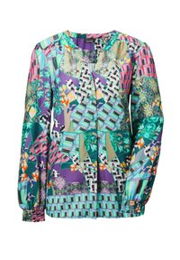 Buntgestreifte Bluse mit einer Mischung aus geometrischen und floralen Mustern. Hergestellt aus leichtem Stoff mit Puffärmeln und elastischen Manschetten.