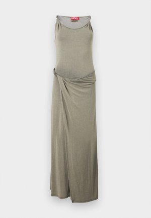 Sleeveless long taupe dress with gathered waist drape and round neckline, Diesel brand label visible inside collar.