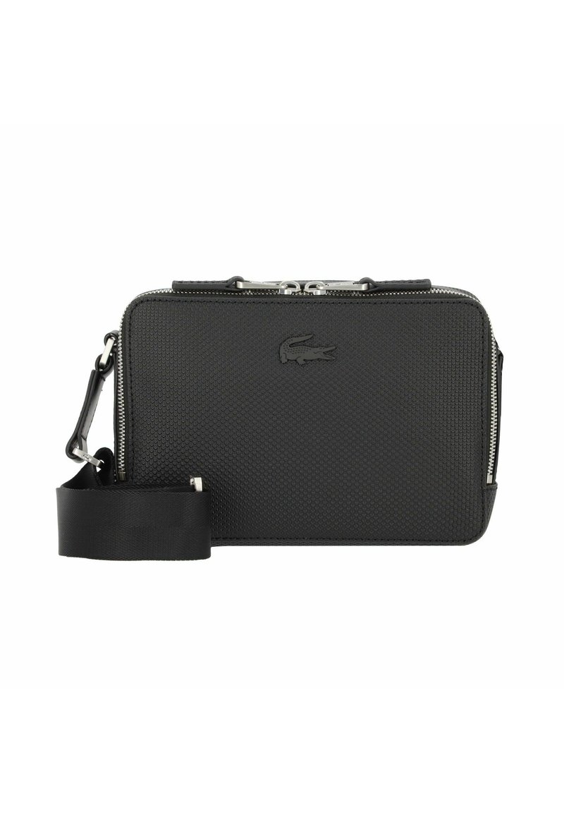 Black textured zippered pouch with a detachable black strap, featuring a subtle embossed logo on the front. Rectangle shape, smooth hardware accents.