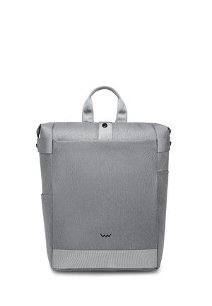 Gray fabric backpack with a roll-top design, top handles, side pockets, and a clean, textured finish. Features a subtle logo at the bottom.