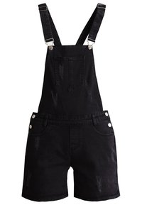 Black denim overalls with adjustable straps, front pocket, distressed details, and metal hardware. Features short legs and a fitted waist.