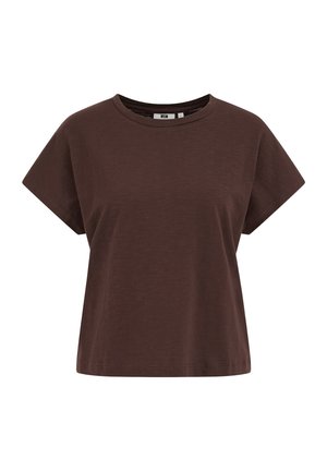 Bruine T-shirt met korte mouwen en ronde hals, met een ontspannen pasvorm, gemaakt van zachte, lichte stof.