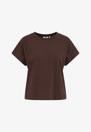 Bruine T-shirt met korte mouwen en ronde hals, met een ontspannen pasvorm, gemaakt van zachte, lichte stof.