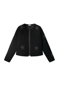 Chaqueta negra corta con un acabado texturizado, que presenta acentos decorativos de estrellas gris oscuro en los hombros y un diseño de frente abierto.