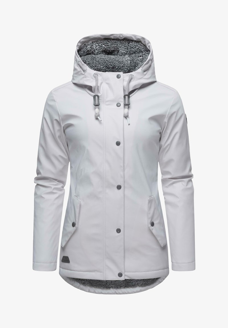 White waterproof jacket with a hood, fleece lining, snap buttons, two front pockets, and drawstring accents for adjustable fit.