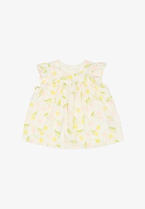 Robe blanche avec un col à volants, des manches courtes et une taille froncée. Décorée de cerises roses et de cercles jaunes sur des tiges vertes.