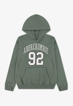 Зелен суичър с качулка и преден джоб, текст "Abercrombie" и число 92 в бяло на гърдите, рипсени маншети с отвори за палеца.