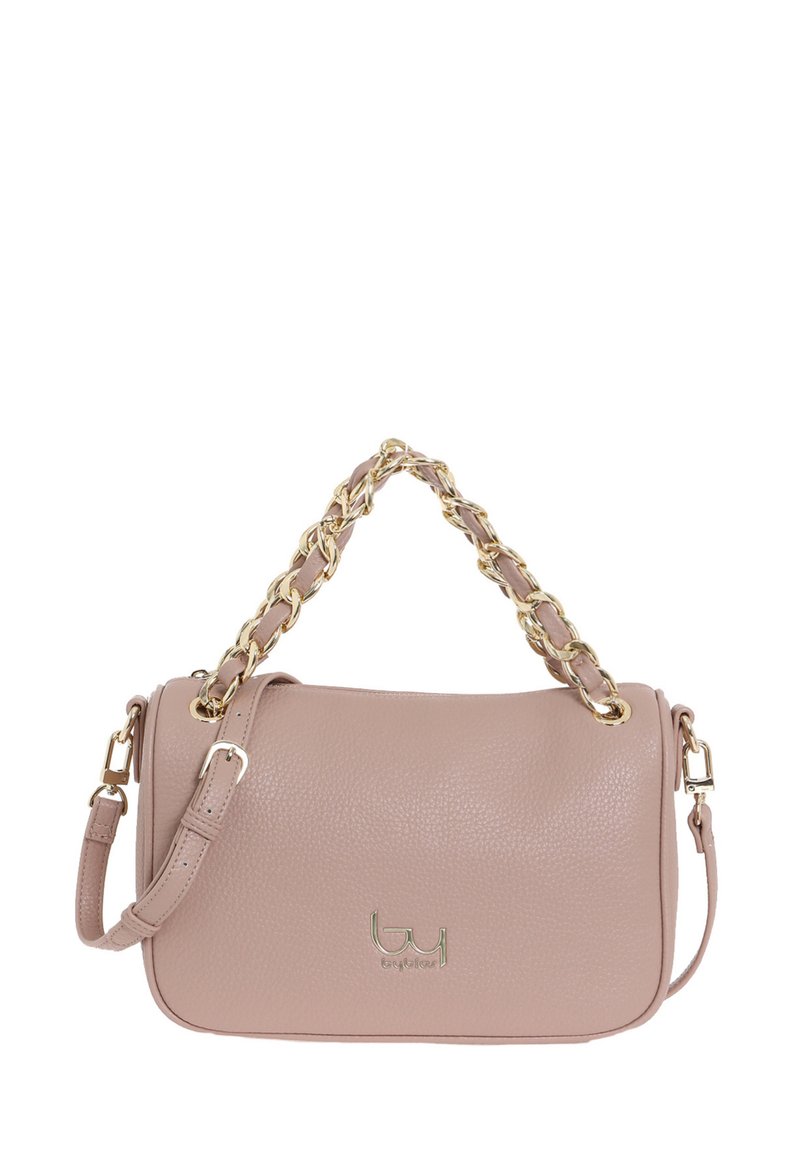 Borsa a tracolla in pelle rosa chiaro con finitura testurizzata, dotata di una tracolla in catena dorata intrecciata e dettaglio del logo sul davanti. Inclusa tracolla regolabile.