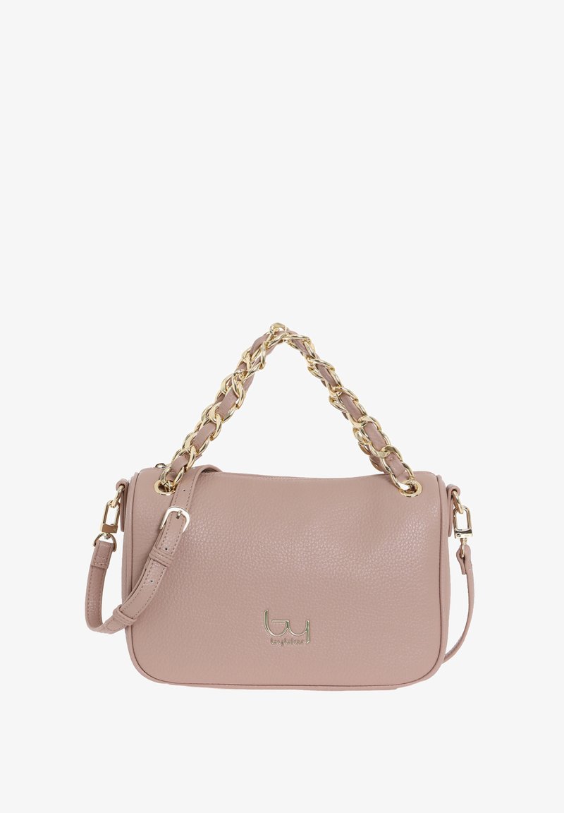 Borsa a tracolla in pelle rosa chiaro con finitura testurizzata, dotata di una tracolla in catena dorata intrecciata e dettaglio del logo sul davanti. Inclusa tracolla regolabile.