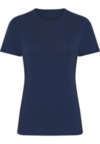 Mørkeblå kortærmet t-shirt lavet af glat stof. Har en klassisk rund halsudskæring og rene sømme uden mønstre eller udsmykninger.