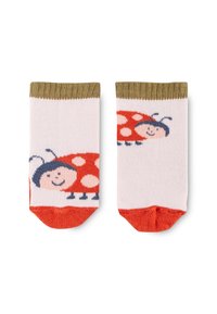 Kids' socks made of cotton blend. White with red ladybug pattern, orange toe, and gold ribbed cuff. Smooth texture, knee-length design.