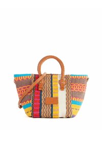 Borsa in tessuto intrecciato con strisce vivaci in rosa, giallo e blu; include manici intrecciati marroni e una tracolla rimovibile.