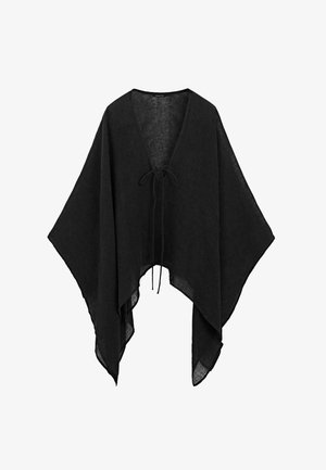 Zwarte losse poncho met V-hals en striksluiting, gemaakt van lichte stof met asymmetrische zoom en brede mouwen.