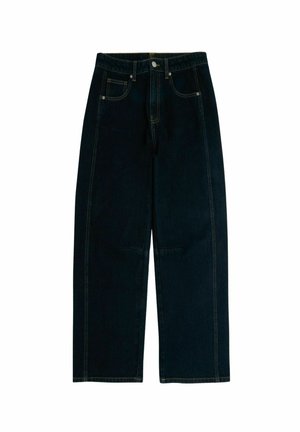 Jeans in denim blu scuro a vita alta, con gambe ampie, chiusura frontale con bottone e zip, e design standard a cinque tasche.