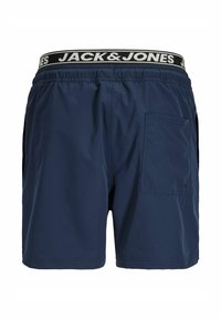 Short de bain bleu marine pour homme avec taille élastique ornée du logo « JACK & JONES » et une poche arrière unique sur le côté droit.