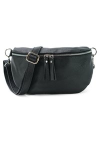 Zwarte leren schoudertas met een gestructureerde afwerking, een bovenste ritssluiting, dubbele kwastjes en een verstelbare schouderband.