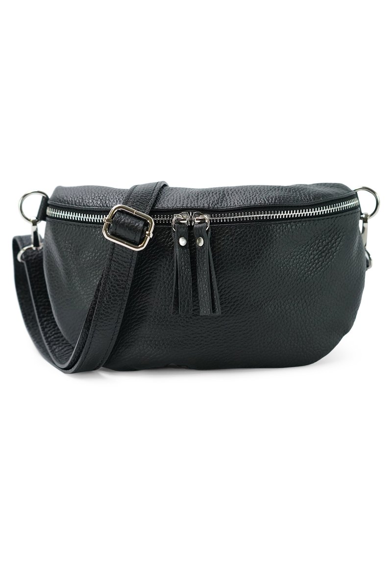 Zwarte leren schoudertas met een gestructureerde afwerking, een bovenste ritssluiting, dubbele kwastjes en een verstelbare schouderband.
