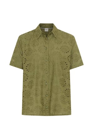 Olivengrøn kortærmet skjorte med knapper, blomsterhulsbroderi og klassisk krave.