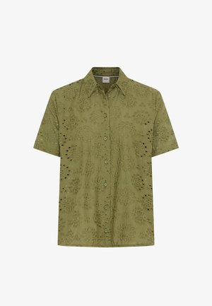 Olijfgroen overhemd met korte mouwen, knoopsluiting, bloemige eyelet borduurwerk en een klassieke kraag.