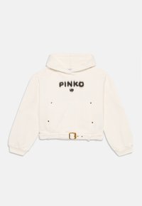 Gekürzter, elfenbeinfarbener Hoodie aus weichem Material, mit einer Kordelzugkapuze, vorderen Taschen mit goldenen Akzenten und "PINKO up" in fetter grauer Schrift.