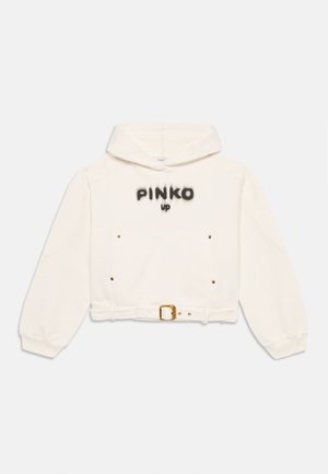 Kuttet, elfenbenfarget hettegenser laget av myk stoff, har snorhette, frontlommer med gullnyanser, og "PINKO up" i fet grå skrift.