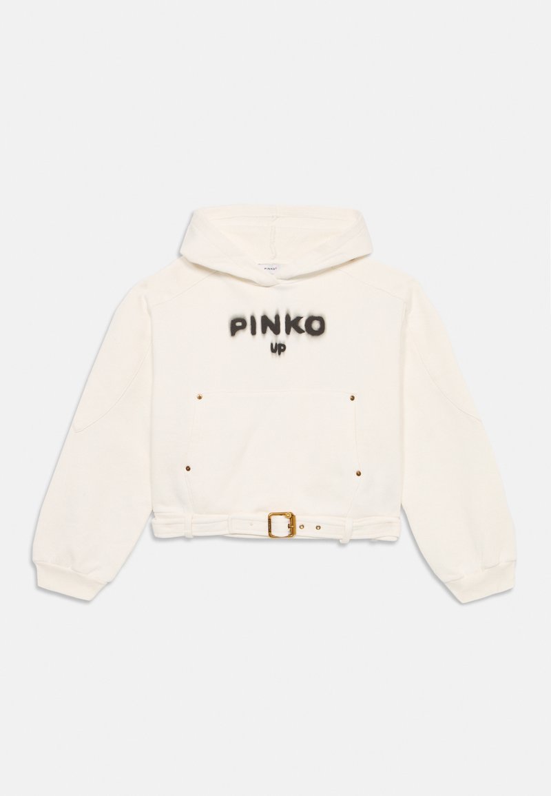 Gekürzter, elfenbeinfarbener Hoodie aus weichem Material, mit einer Kordelzugkapuze, vorderen Taschen mit goldenen Akzenten und "PINKO up" in fetter grauer Schrift.
