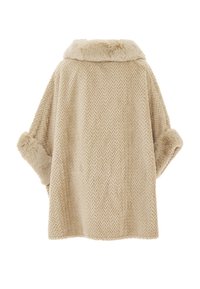 Beige ullblandad jacka med fiskbensmönster, pälskantad krage och manschetter, lös passform, strukturerad yta och uppvikta ärmar.