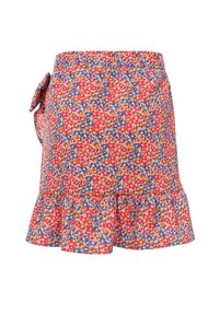 Floral wikkelrok in oranje, rood en blauwe tinten; heeft een rucheszoom en een zijband. Gemaakt van lichte stof met een gestructureerde afwerking.