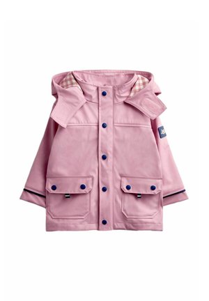 Imperméable rose pour enfants avec boutons-pression bleus, deux poches avant, capuche amovible et doublure à carreaux à l'intérieur de la capuche.