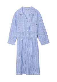 Gestreiftes blaues Kleid aus leichtem Stoff, mit Knopfleiste, Kragen und elastischem Bund. Enthält zwei Brusttaschen.