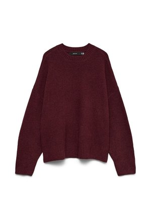 Tamno burgundski pulover s dugim rukavima i okruglim izrezom, od pletenog materijala, s rebrastim manžetama i rubom, prikazan na ravnoj površini na bijeloj pozadini.