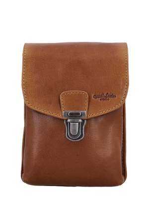 Leather pouch in a warm brown color, featuring a flap closure with metal hardware, smooth texture, and a brand logo embossed on the front.