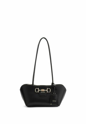 Borsa nera Guess con tracolle lunghe, dettaglio centrale con fibbia metallica e etichetta in pelle marchiata attaccata.