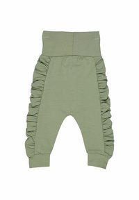 Světle zelené bavlněné kalhoty s bočními volánky, vysokým pasem a manžetami na kotnících pro pohodlné nošení. Hladká textura po celé ploše.