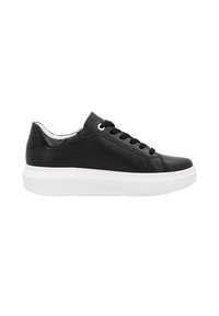 Baskets en cuir noir avec une texture lisse, semelle en caoutchouc blanc, bout rond, six œillets et accents brillants subtils sur le talon.