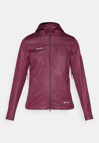 Women's maroon softshell jacket with hood, full front zipper, zippered side pockets, and Mammut and Windstopper logos.