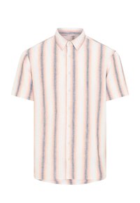 Korte mouwen overhemd met verticale strepen in pastelroze, wit en blauw. Gemaakt van een lichtgewicht stof met een kraag.