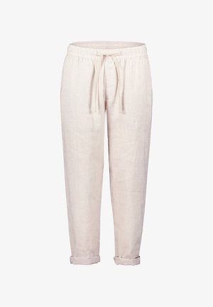 Light beige linen pants with an elastic waistband and drawstring, featuring cuffed hems and side pockets for a relaxed fit.
