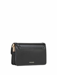 Sort læderpung med guldfarvet lynlås og detaljer, der har et struktureret design og det prægede mærkenavn "MIRIADA" på forsiden.