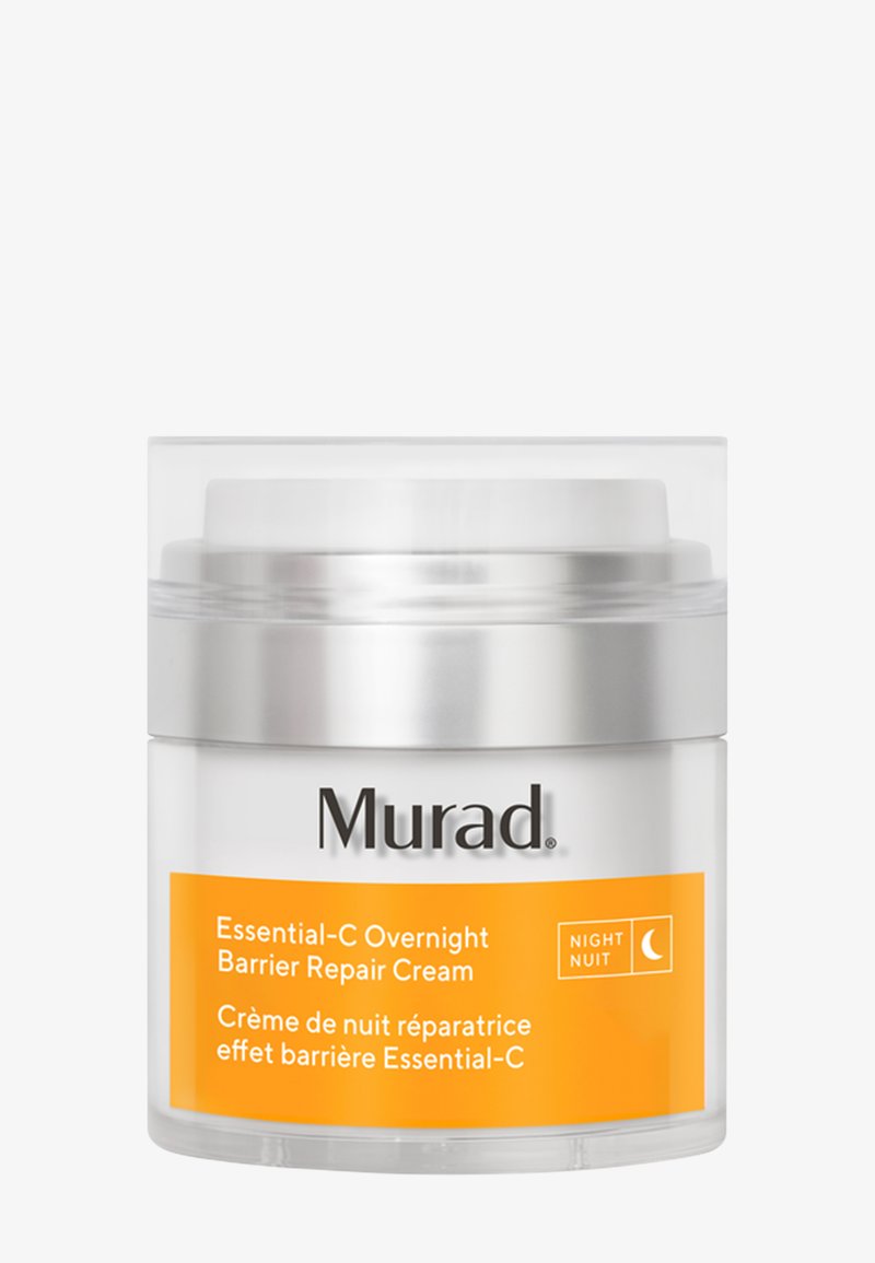 Murad Essential-C Overnight Barrier Repair Cream i en klar burk med silverlock. Har en orange etikett med vit text och en månikon som indikerar nattanvändning.