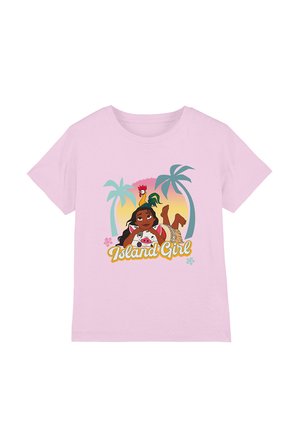 Pink cotton t-shirt featuring a colorful illustration of a girl with a pig, palm trees, and a rooster, accompanied by the text "Island Girl."
