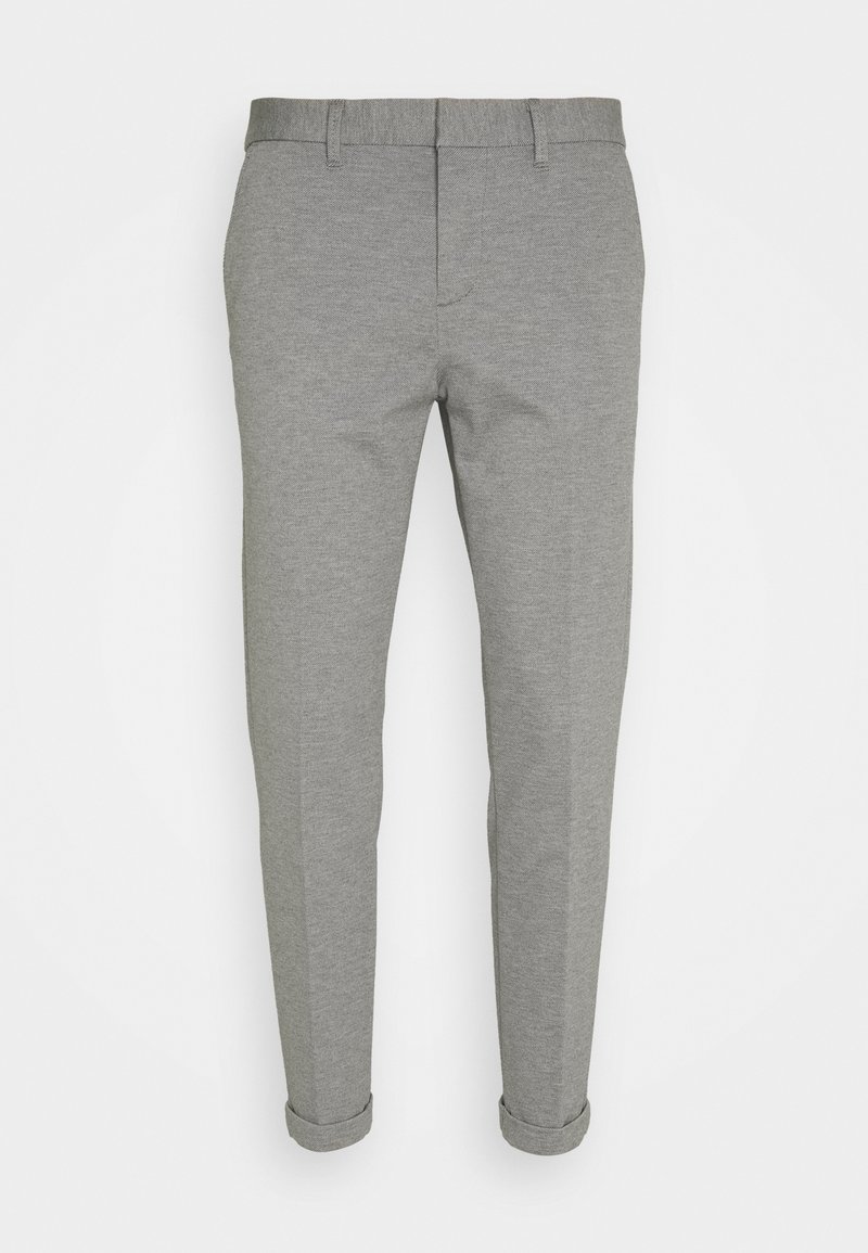 Pantaloni grigi a sigaretta realizzati in un tessuto liscio con una trama morbida. Presentano un orlo arrotolato e una cintura tradizionale. Nessun motivo visibile.