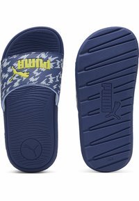 Infradito blu con una fascia decorata che presenta accenti azzurri e gialli. Suola in gomma testurizzata con scanalature per una migliore aderenza.